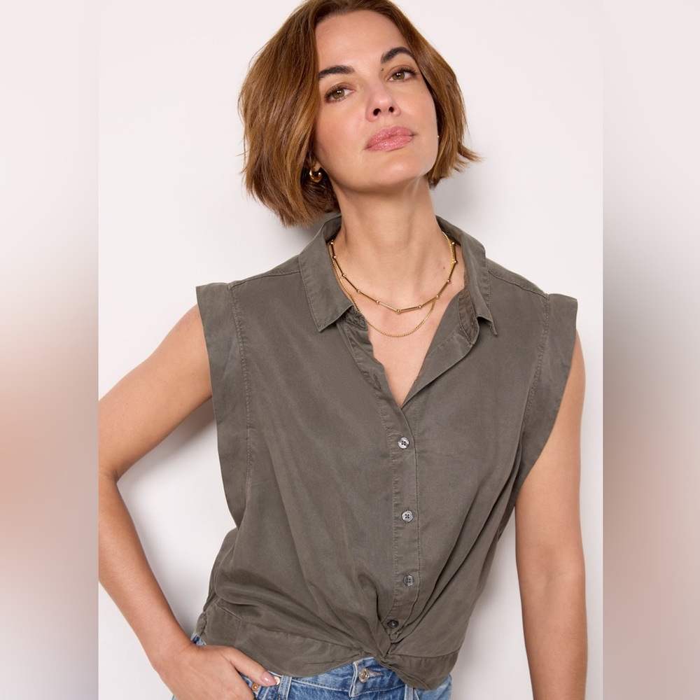 Evereve Olive Green Button-Down Shirt | Twist Tie Front Notched Collar | Size L